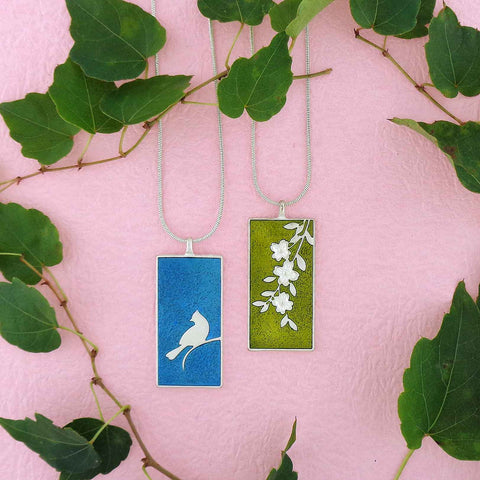 101-012: LAVISHY handmade silver plated enamel blue jay bird & dog wood flower reversible pendant fashion necklace