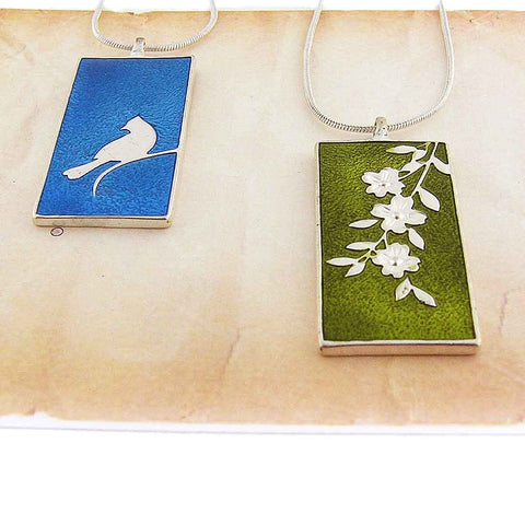 101-012: LAVISHY handmade silver plated enamel blue jay bird & dog wood flower reversible pendant fashion necklace