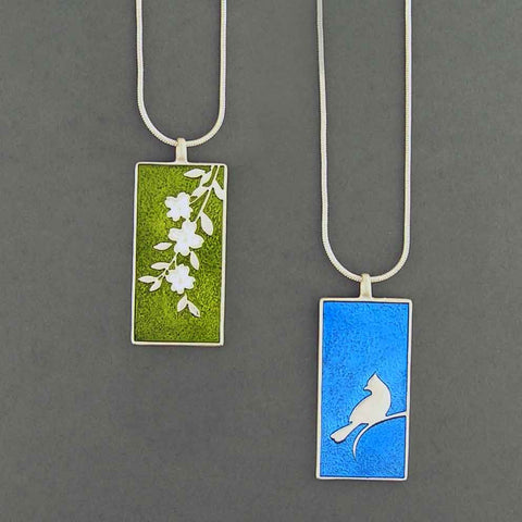 101-012: LAVISHY handmade silver plated enamel blue jay bird & dog wood flower reversible pendant fashion necklace
