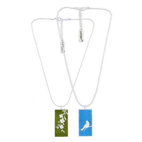 101-012: LAVISHY handmade silver plated enamel blue jay bird & dog wood flower reversible pendant fashion necklace