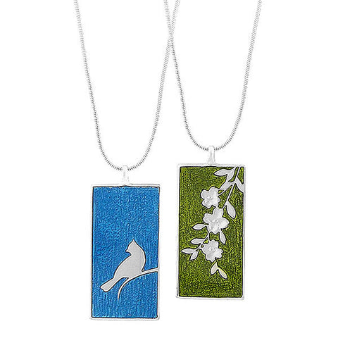 101-012: LAVISHY handmade silver plated enamel blue jay bird & dog wood flower reversible pendant fashion necklace
