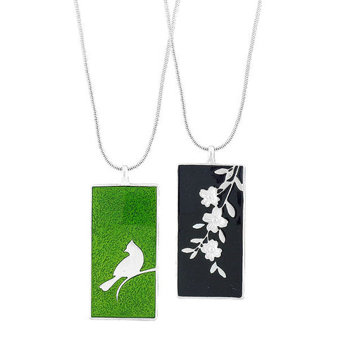 101-012: LAVISHY handmade silver plated enamel blue jay bird & dog wood flower reversible pendant fashion necklace