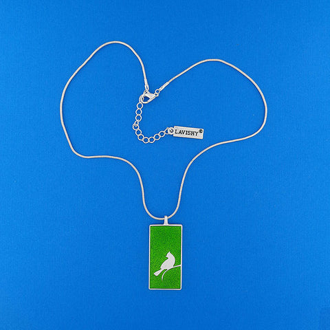101-012: LAVISHY handmade silver plated enamel blue jay bird & dog wood flower reversible pendant fashion necklace