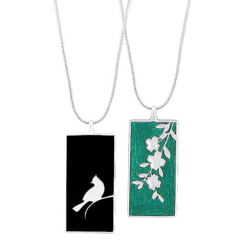 101-012: LAVISHY handmade silver plated enamel blue jay bird & dog wood flower reversible pendant fashion necklace