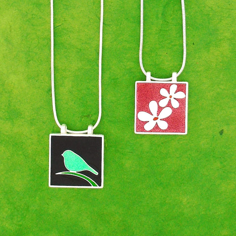 101-014: Handmade Enamel Bird & Flower Reversible Necklace