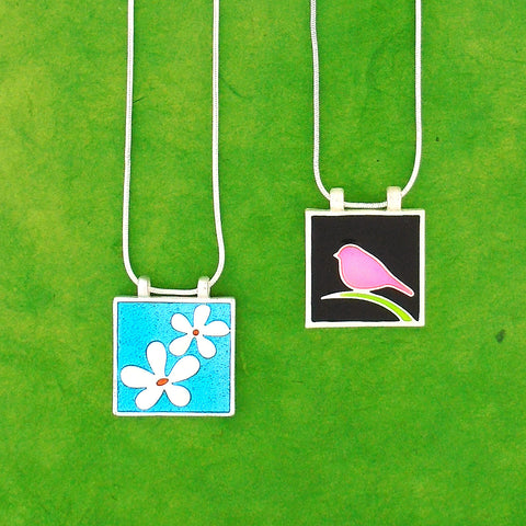 101-014: Handmade Enamel Bird & Flower Reversible Necklace