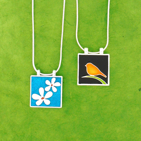 101-014: Handmade Enamel Bird & Flower Reversible Necklace