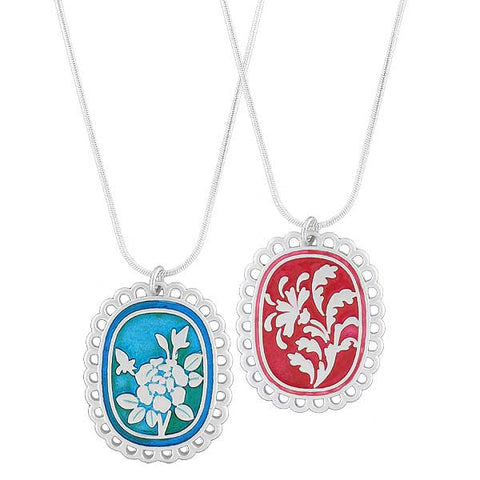 LAVISHY handmade silver plated reversible rose flower & damask motif enamel pendant necklace. 