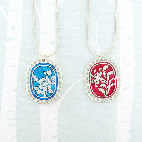 LAVISHY handmade silver plated reversible rose flower & damask motif enamel pendant necklace. 