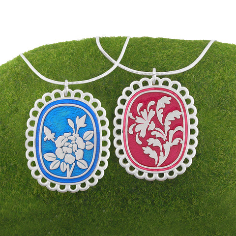LAVISHY handmade silver plated reversible rose flower & damask motif enamel pendant necklace. 