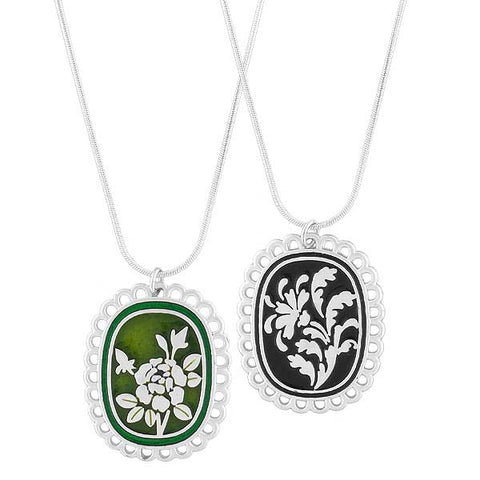 LAVISHY handmade silver plated reversible rose flower & damask motif enamel pendant necklace. 