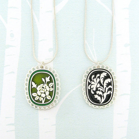 LAVISHY handmade silver plated reversible rose flower & damask motif enamel pendant necklace. 