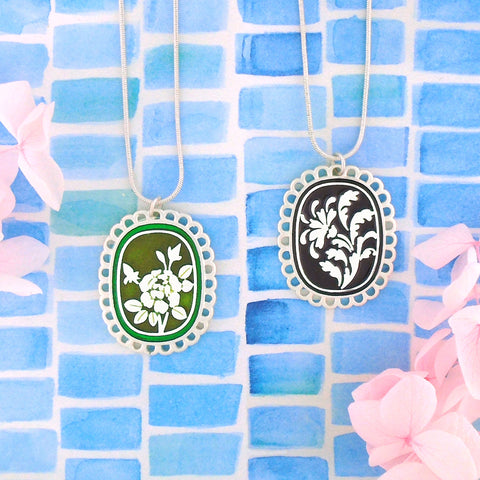 LAVISHY handmade silver plated reversible rose flower & damask motif enamel pendant necklace. 