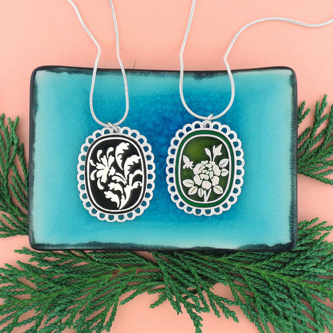 LAVISHY handmade silver plated reversible rose flower & damask motif enamel pendant necklace. 