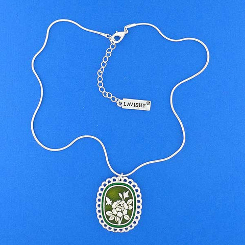 LAVISHY handmade silver plated reversible rose flower & damask motif enamel pendant necklace. 