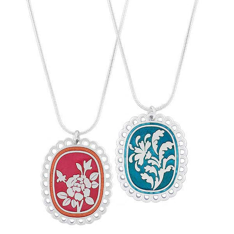 LAVISHY handmade silver plated reversible rose flower & damask motif enamel pendant necklace. 