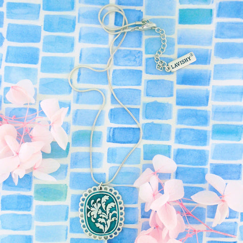 LAVISHY handmade silver plated reversible rose flower & damask motif enamel pendant necklace. 
