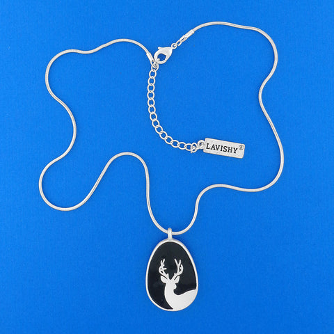 LAVISHY handmade silver plated reversible pendant necklace with  deer & geometric rock pattern enamel pattern. Great gift ideas. Wholesale at www.lavishy.com