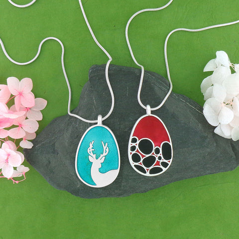 LAVISHY handmade silver plated reversible pendant necklace with  deer & geometric rock pattern enamel pattern. Great gift ideas. Wholesale at www.lavishy.com