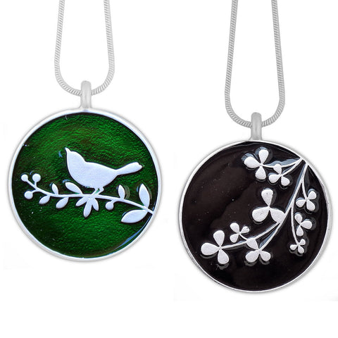 LAVISHY handmade silver plated reversible bird & leaf enamel pendant necklace for online shopping. Great gift for friend & family. Wholesale at www.lavishy.com