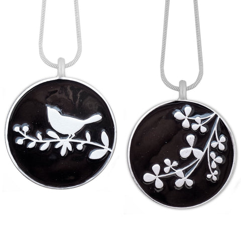 LAVISHY handmade silver plated reversible bird & leaf enamel pendant necklace for online shopping. Great gift for friend & family. Wholesale at www.lavishy.com