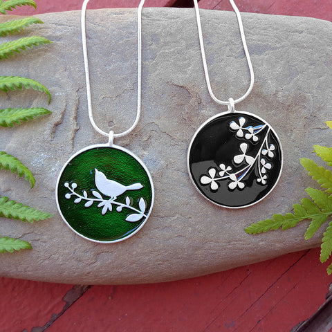 LAVISHY handmade silver plated reversible bird & leaf enamel pendant necklace for online shopping. Great gift for friend & family. Wholesale at www.lavishy.com