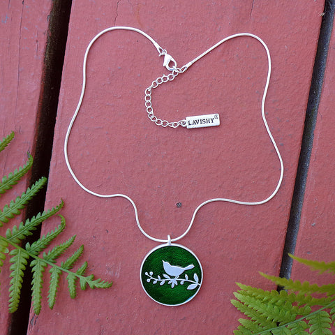 LAVISHY handmade silver plated reversible bird & leaf enamel pendant necklace for online shopping. Great gift for friend & family. Wholesale at www.lavishy.com