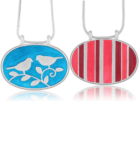 101-068: Enamel Lovebirds & Stripe Reversible Necklace