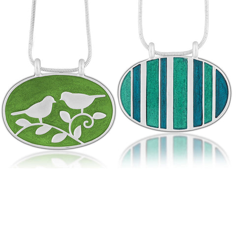 101-068: Enamel Lovebirds & Stripe Reversible Necklace