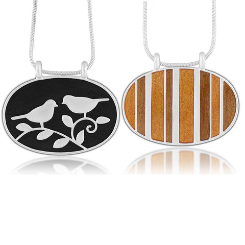 101-068: Enamel Lovebirds & Stripe Reversible Necklace