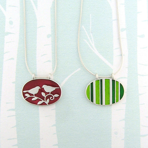 101-068: Enamel Lovebirds & Stripe Reversible Necklace