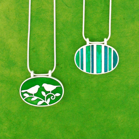 101-068: Enamel Lovebirds & Stripe Reversible Necklace