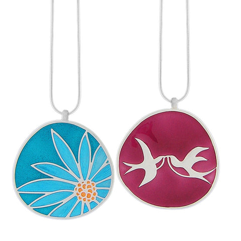 101-033: Enamel Lovebirds & Flower Reversible Necklace