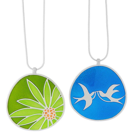 101-033: Enamel Lovebirds & Flower Reversible Necklace