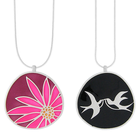 101-033: Enamel Lovebirds & Flower Reversible Necklace
