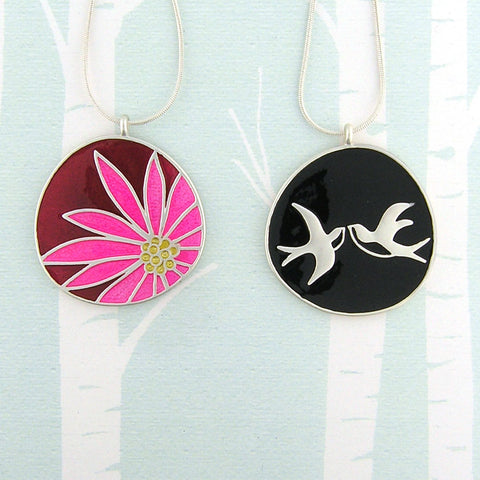 101-033: Enamel Lovebirds & Flower Reversible Necklace
