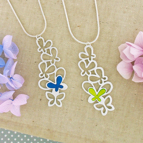 LAVISHY handmade silver plated reversible cutout enamel butterfly pendant necklace-blue and green