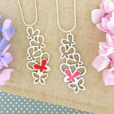 LAVISHY handmade silver plated reversible cutout enamel butterfly pendant necklace-red and pink