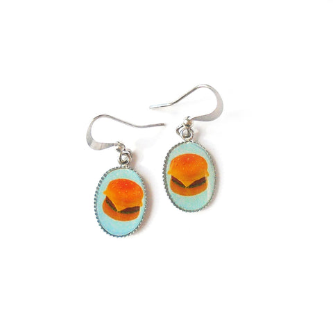 LAVISHY handmade rhodium plated ainty hamburger print funky earrings. Playful to wear, quirky gift gift idea for family & friends. Wholesale at www.lavishy.com
