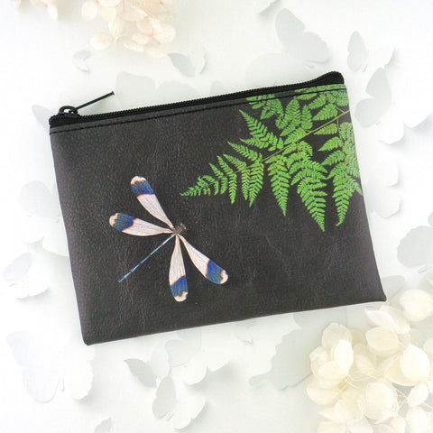 LAVISHY vintage style love dragonfly & fern leaf print vegan coin purse for women. Unique, fun, Eco-friendly, cruelty-free. Great for everyday use, lovely lucky gift idea for friends & family. Wholesale at www.lavishy.com to gift shops, boutiques & book stores since 2001.