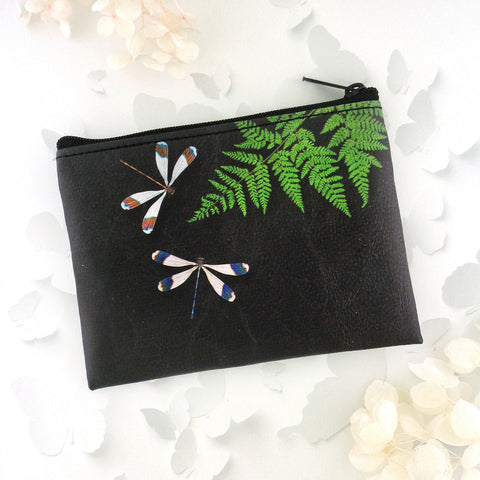 LAVISHY vintage style love dragonfly & fern leaf print vegan coin purse for women. Unique, fun, Eco-friendly, cruelty-free. Great for everyday use, lovely lucky gift idea for friends & family. Wholesale at www.lavishy.com to gift shops, boutiques & book stores since 2001.