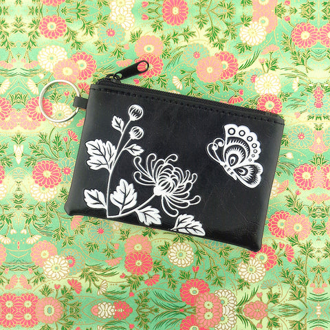 7-0302: LAVISHY chrysanthemum flower & butterfly embossed vegan coin purse