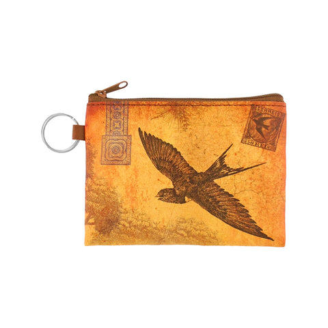 LAVISHY unisex key ring coin purse with vintage style swallow bird illustration with stamp print. Great for everyday use, travel & gift for friends & family. 