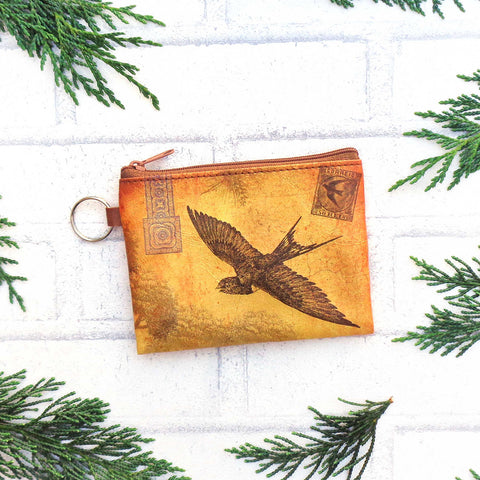 LAVISHY unisex key ring coin purse with vintage style swallow bird illustration with stamp print. Great for everyday use, travel & gift for friends & family. 