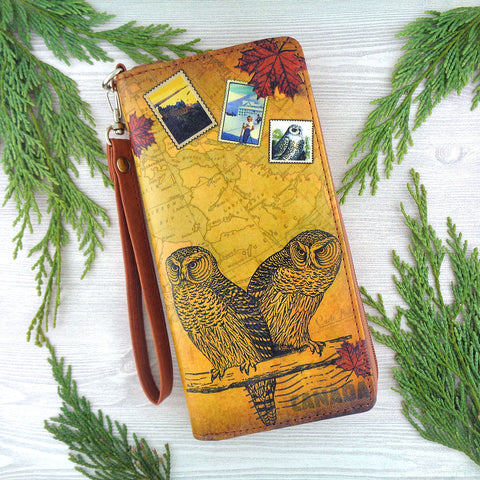 LAVISHY snowy owls over vintage Canadian map print unisex vegan large wristlet wallet. Great for everyday use & travel. cool gift for family & friends. Wholesale at www.lavishy.com