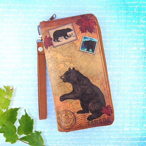 LAVISHY bear over vintage Canadian map print unisex vegan large wristlet wallet. Great for everyday use & travel. cool gift for family & friends. Wholesale at www.lavishy.com