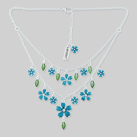 LAVISHY handmade enamel cherry blossom flowers necklace with rhinestone & leaf accent, great gift for friend & family. Wholesale at www.lavishy.com
