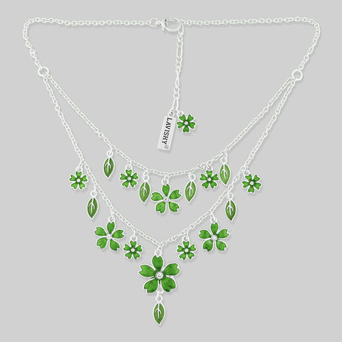 LAVISHY handmade enamel cherry blossom flowers necklace with rhinestone & leaf accent, great gift for friend & family. Wholesale at www.lavishy.com