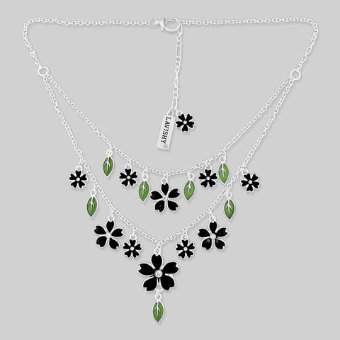 LAVISHY handmade enamel cherry blossom flowers necklace with rhinestone & leaf accent, great gift for friend & family. Wholesale at www.lavishy.com