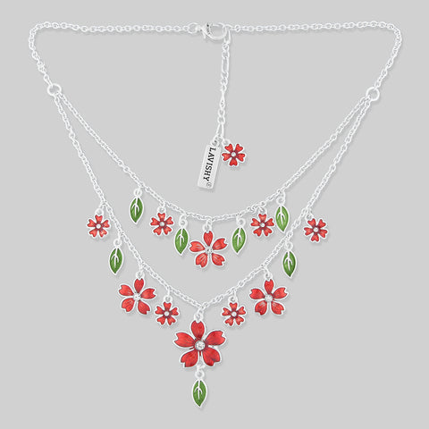 LAVISHY handmade enamel cherry blossom flowers necklace with rhinestone & leaf accent, great gift for friend & family. Wholesale at www.lavishy.com